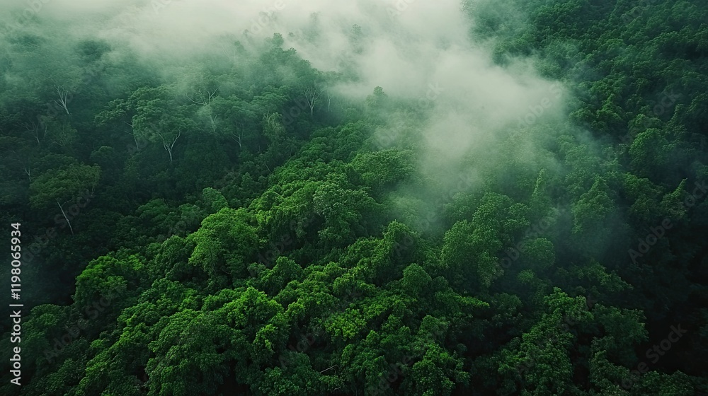 Aerial view of tropical forest with morning fog, nature landscape background Aerial view of tropical forest with morning fog, nature landscape background