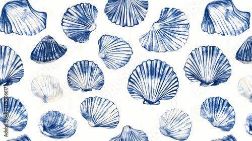 Azure blue white shell motif with linen seamless batik background, modern coastal beach cottage rustic shell block print home decor pattern design in sealife beach style. Seashell. Illustration