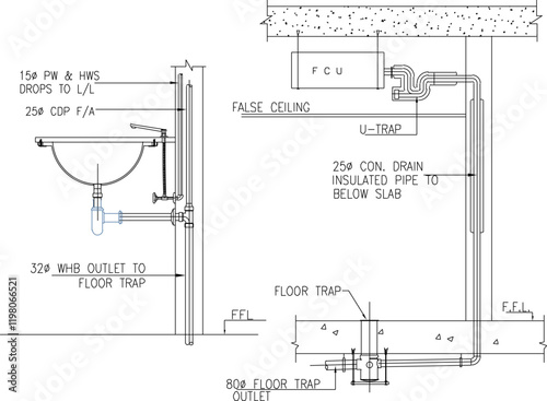 vector sketch, silhouette illustration, design drawing, technical drawing for installing water pipes for sinks