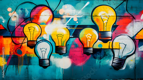 Colorful abstract graffiti art featuring vibrant light bulb motifs on a wall with ample copy space for text and creative designs