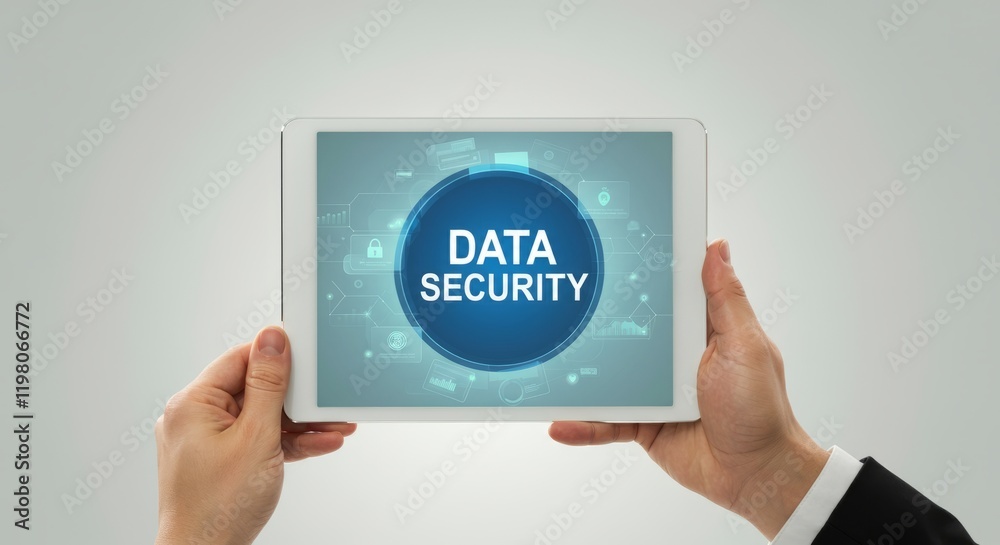 Person is holding a tablet with a blue circle that says Data Security Person is holding a tablet with a blue circle that says Data Security