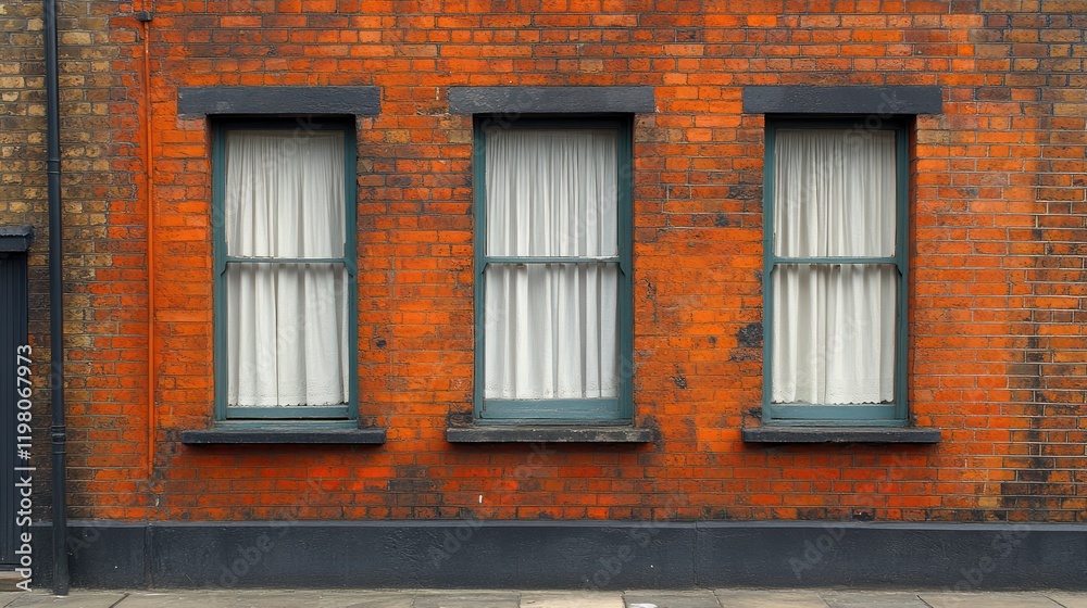 Fototapeta premium Vibrant red brick wall featuring three windows with white curtains, showcasing urban architecture