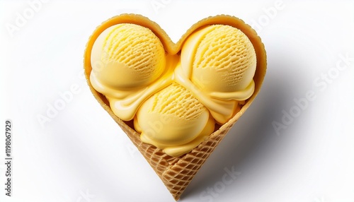 heart shaped yellow ice cream in a waffle cone with topping isolated on white background st valentine s day food design photo