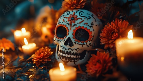 Mexican Day Of The Dead Sugar Skull Cookies: Celebrating Dia De Los Muertos With Festive Halloween Treats In Skull Shapes. photo