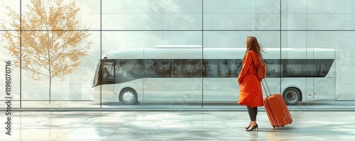 Businesswoman with luggage boarding a bus for travel photo