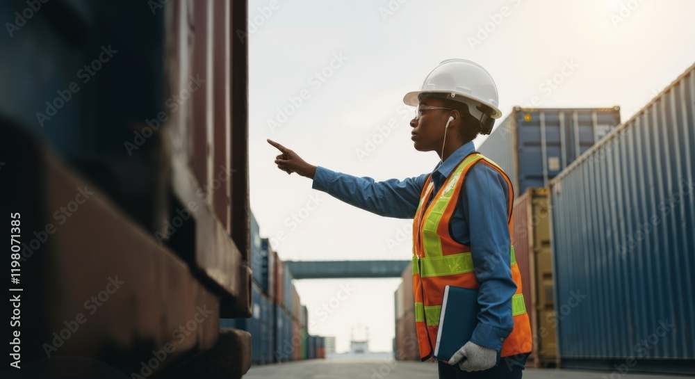 Obraz premium Woman wearing a safety vest points to a container