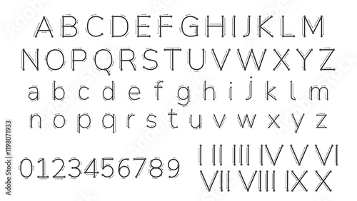English Font Alphabet Letters Outline Uppercase and Lowercase for Learning Writing. Preschool Kids Basic Writing Skills. School learning lettering. Vector illustration.