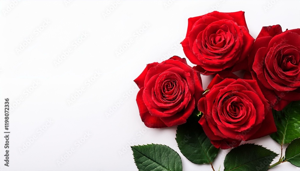 red roses with green leaves isolated on white background with copy space for text red roses with green leaves isolated on white background with copy space for text