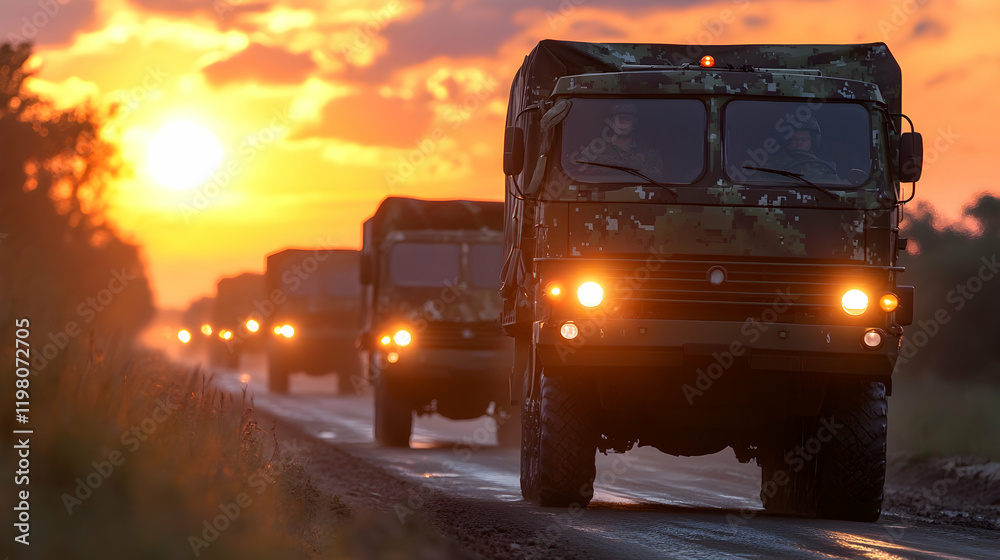 Convoy of military trucks in camo colors driving at sunset with illuminated lights, emphasizing the scale of operation