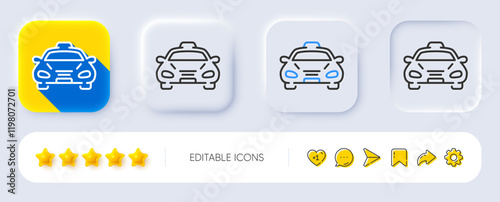 Taxi cab transport line icon. Neumorphic, Flat shadow, 3d buttons. Car vehicle sign. Taxicab driving symbol. Line taxi icon. Social media icons. Vector