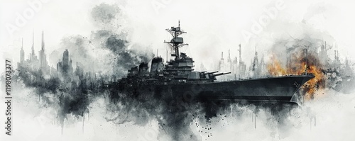 Watercolor tattoo design of a battleship with artistic smoke effects