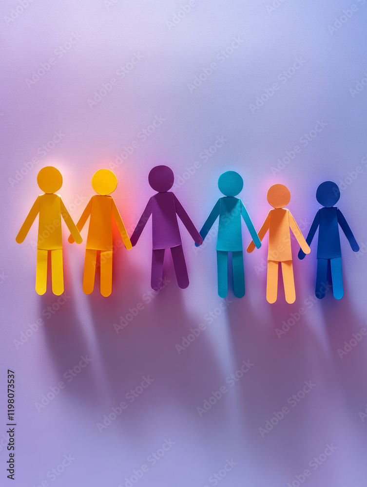 Colorful paper figures holding hands on a gradient background. Colorful paper figures holding hands on a gradient background.