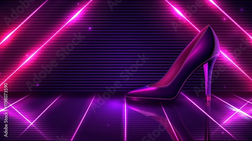 Purple High Heel Shoe on Neon Lines Background. Fashion, 80s Retro Glamour Style. 3D Illustration. © Victor