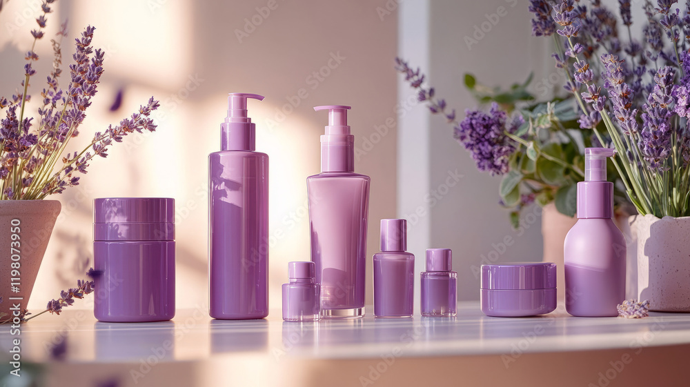 Purple cosmetic bottles with lavender on a table. Purple cosmetic bottles with lavender on a table.