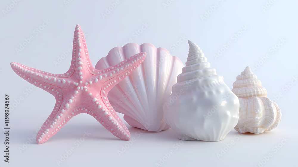3d rendering of a starfish, conch shell, and seashell isolated on a white background,. Seashell. Illustration 3d rendering of a starfish, conch shell, and seashell isolated on a white background,. Seashell. Illustration