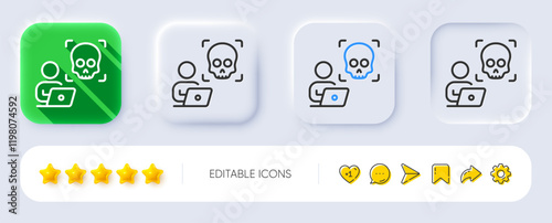 Cyber attack line icon. Neumorphic, Flat shadow, 3d buttons. Ransomware threat sign. Computer phishing virus symbol. Line cyber attack icon. Social media icons. Vector