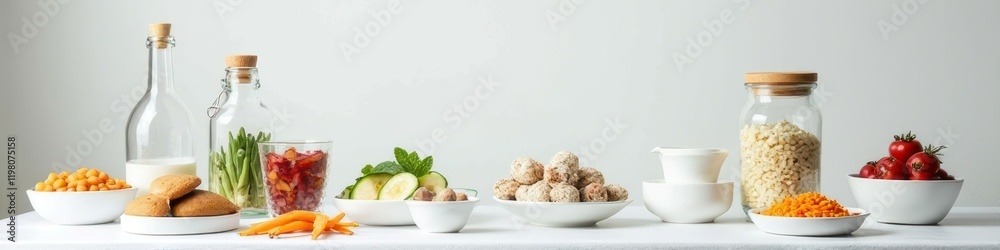 Diverse healthy ingredients on white table with jars and bowls Diverse healthy ingredients on white table with jars and bowls