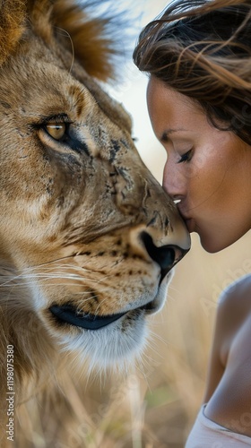  A woman embraces a lion amidst a green meadow with a clear blue backdrop