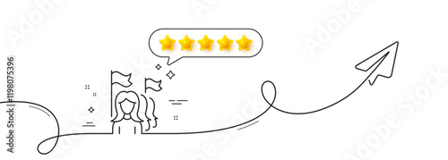 Feminism line icon. Continuous line with share plane. Women protest sign. People with flags symbol. Five star rate review in speech bubble. Feminism single line ribbon. Loop curve pattern. Vector