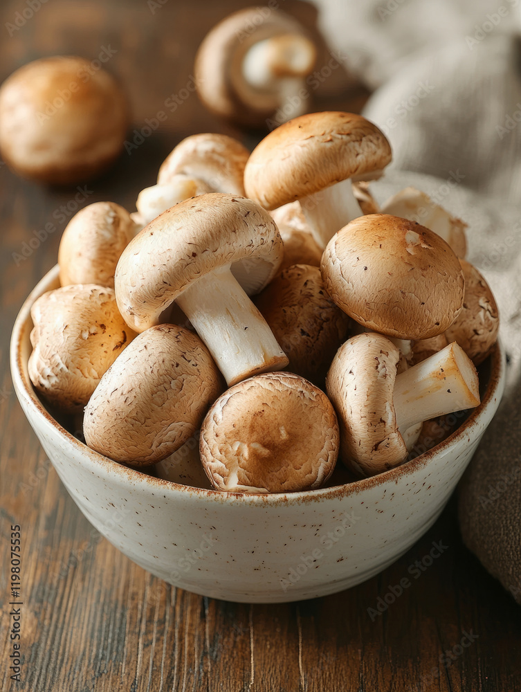 A bowl of fresh brown mushrooms on a wooden table. A bowl of fresh brown mushrooms on a wooden table.