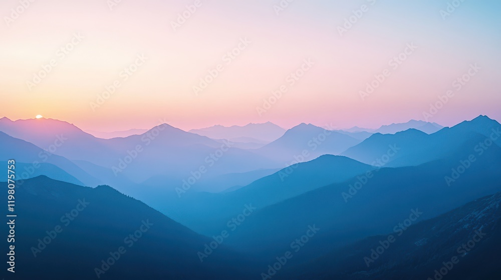 Fototapeta premium Mountain landscape with peaks at pastel sunset