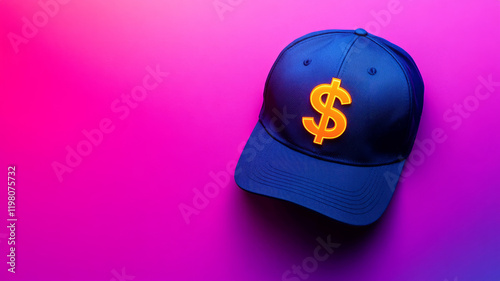 Blue cap with a dollar sign on a pink gradient background. photo