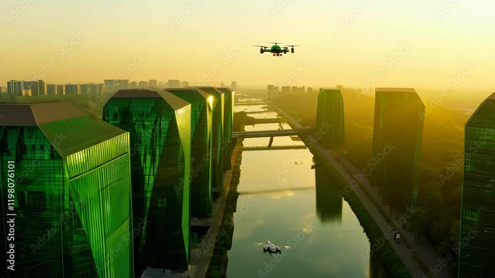 A futuristic cityscape with towering green glass skyscrapers along a reflective river, illuminated by golden hour sunlight, with a drone flying above in a cinematic crane shot. A futuristic cityscape with towering green glass skyscrapers along a reflective river, illuminated by golden hour sunlight, with a drone flying above in a cinematic crane shot.