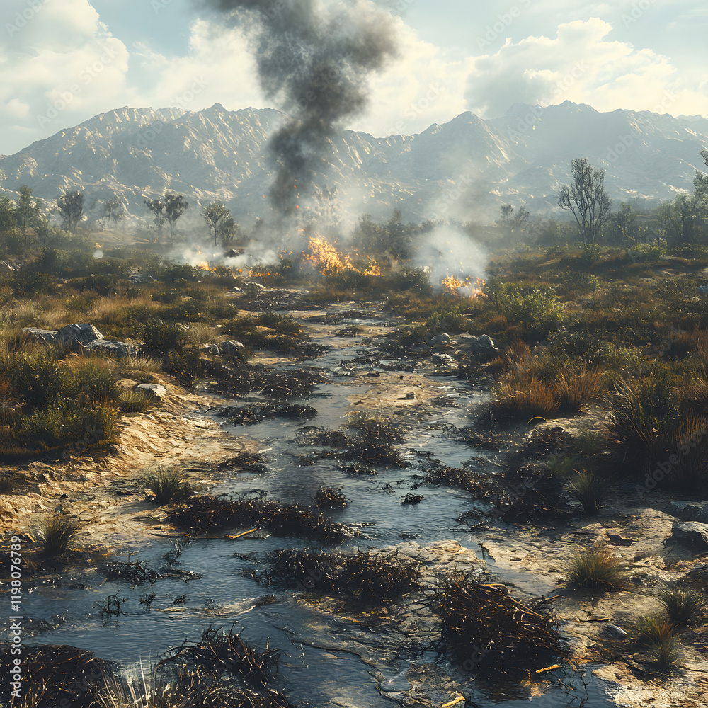 Fototapeta premium Smoke rises above a burning landscape near a stream in a mountainous region during late afternoon