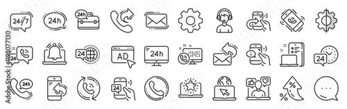 Processing line icons. Settings gear, Message, Inflation icons. Set of Callback or feedback, Call support and Chat message icons. 24 hour service, Call centre, 24h. Vector