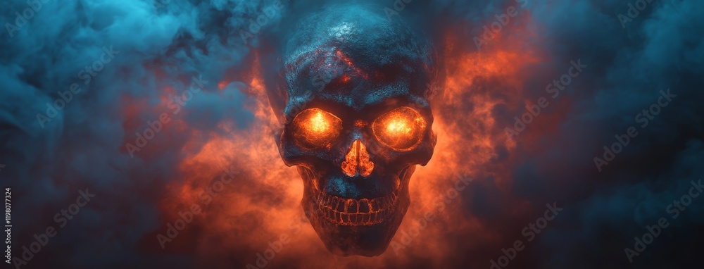 Obraz premium A skull with radiant eyes and beams shooting from the eye sockets stands against a dark gray background, interspersed with tiny golden fire particles and encircled by swirling smoke