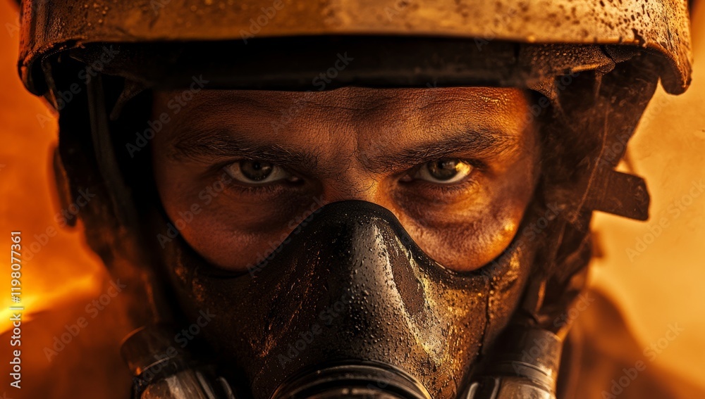 Fototapeta premium Determined, the firefighter's eyes shimmer with the orange light of sunset during a demanding task