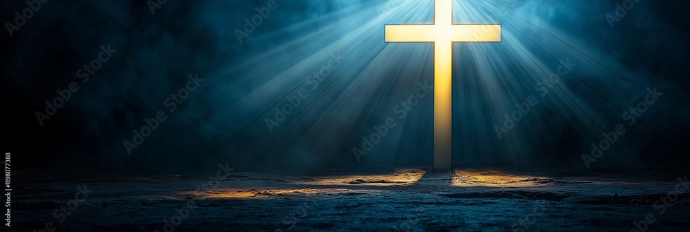 Naklejka premium Cross illuminated by rays in foggy blue atmosphere, symbolizing divine guidance and hope, Easter religious cross concept