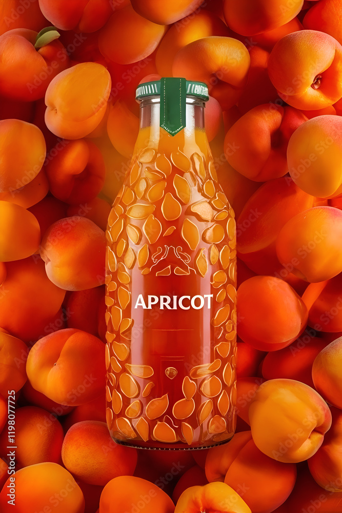 apricot juice in bottle around ripe abandoned apricots background. Digital artwork. Ai generated