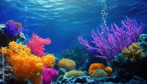 Underwater Wonder: A Stunning Watercolor Depiction Of The Magnificent Coral Reefs In Their Natural Habitat. A Beautiful Display Of Marine Life. photo