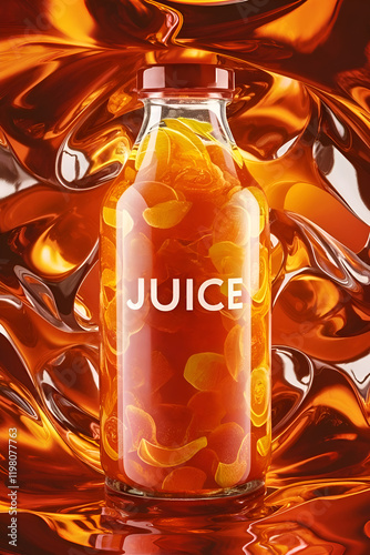 apricot orange juice in bottle around juice orange  background. Digital artwork. Ai generated