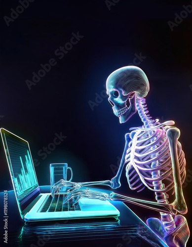 Skeleton sitting at a desk with a laptop computer