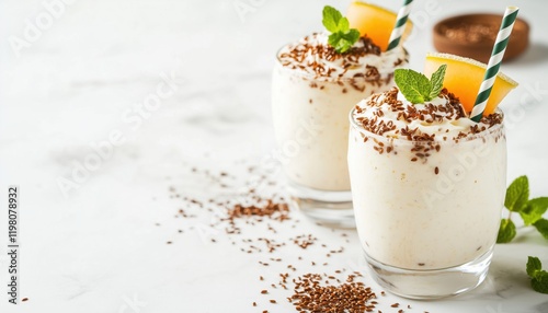 Summer Delights: Vegan Breakfast With Refreshing Fruit Smoothie Of Yogurt, Organic Melon, Flax Seeds, And Mint On A White Marble Table photo