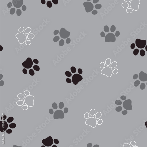Seamless pet paw pattern. Cat or dog footprint. Vector illustration. It can be used for wallpapers, wrapping, cards, patterns for clothes and other.