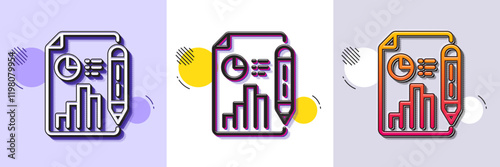 Report document line icon. Halftone dotted pattern. Gradient icon with grain shadow. Column graph sign. Growth diagram, pie chart symbol. Line report document icon. Various designs. Vector