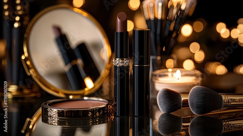 Luxurious makeup set with two lipsticks, a compact, and makeup brushes on a dark surface, reflected in a gold mirror, with warm lights in the background.. photo