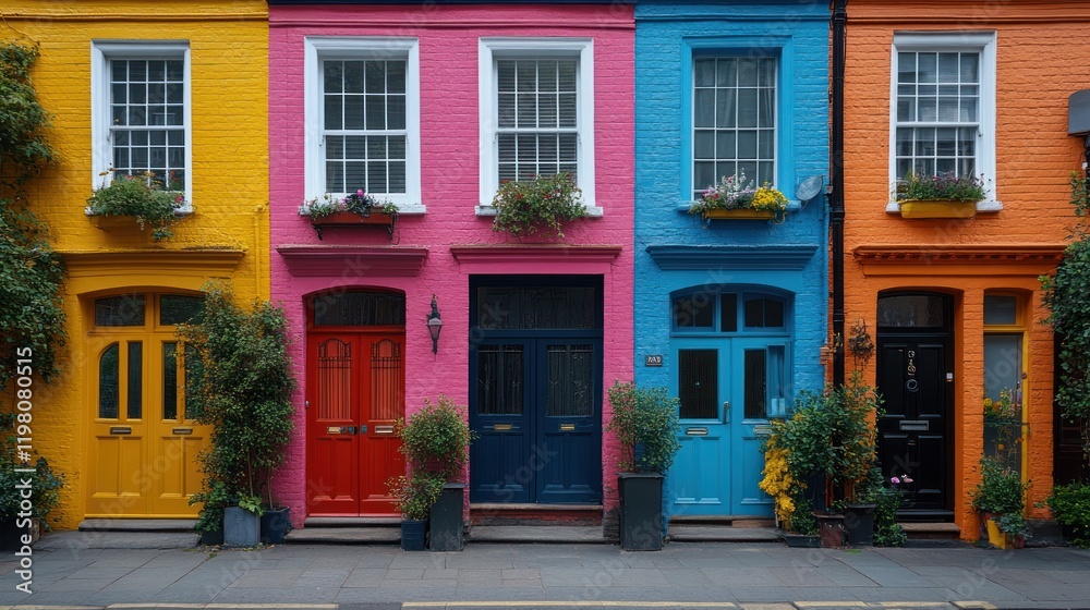 Naklejka premium Colorful row of houses with vibrant doors and flower pots, showcasing urban charm and creativity