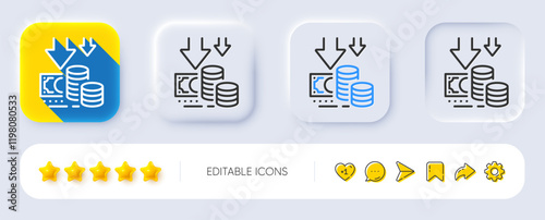 Deflation line icon. Neumorphic, Flat shadow, 3d buttons. Price reduction sign. Reduce rate symbol. Line deflation icon. Social media icons. Vector
