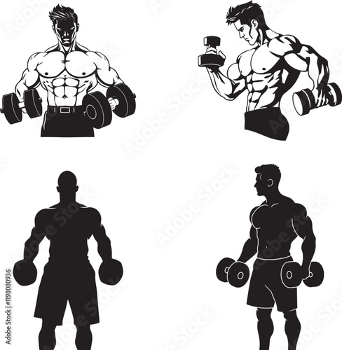 Set of Black Bodybuilding Silhouette Vector Illustration 