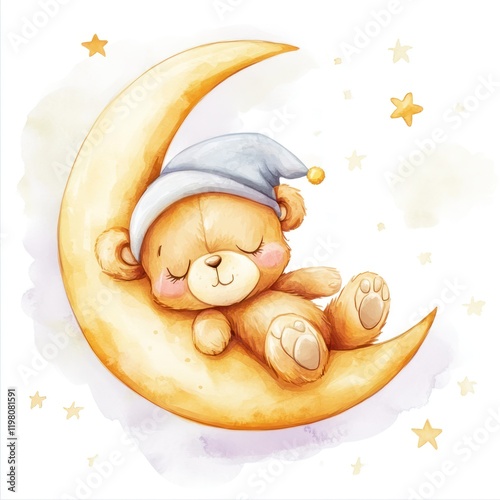 Teddy bear in sleeping cap rests on crescent moon with yellow stars, for children's book or nursery photo