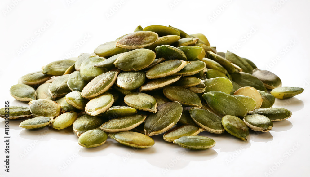 A heap of fresh pumpkin seeds in various shades of green, scattered on a plain white background, highlighting their natural texture and color, ideal for culinary, snack, and health-related photography A heap of fresh pumpkin seeds in various shades of green, scattered on a plain white background, highlighting their natural texture and color, ideal for culinary, snack, and health-related photography