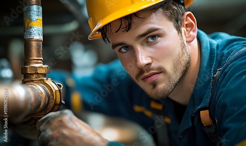Focused young male worker repairing pipes in industrial setting