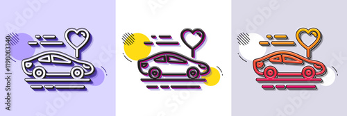 Honeymoon travel line icon. Halftone dotted pattern. Gradient icon with grain shadow. Love car trip sign. Valentines day transport symbol. Line honeymoon travel icon. Various designs. Vector