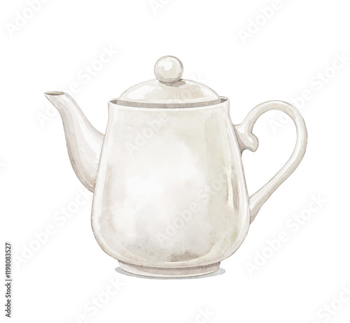 Watercolor vintage porcelain ceramic teapot isolated on white background. Hand drawn illustration sketch