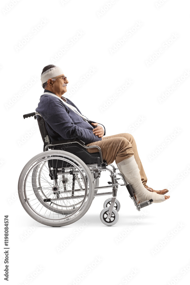 Man in a wheelchair with head, arm and leg injury Man in a wheelchair with head, arm and leg injury