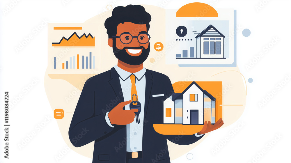 Real Estate Agent Presenting a 3D Model of a Luxury Home with Keys, Highlighting High-End Property Investment Benefits Amid Market Trends Real Estate Agent Presenting a 3D Model of a Luxury Home with Keys, Highlighting High-End Property Investment Benefits Amid Market Trends